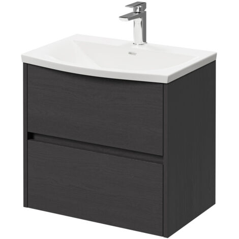 Montego Graphite Grey 600mm Wall Mounted Vanity Unit with 1 Tap Hole Curved Basin and 2 Drawers