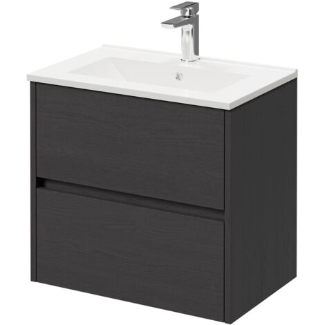Montego Graphite Grey 600mm Wall Mounted Vanity Unit with 1 Tap Hole Minimalist Basin and 2 Drawers