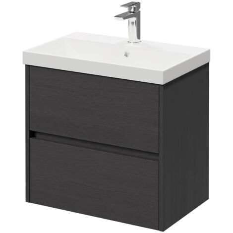 Montego Graphite Grey 600mm Wall Mounted Vanity Unit with 1 Tap Hole Slim Edge Basin and 2 Drawers