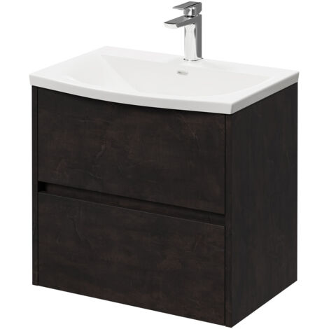 Montego Metallic Slate 600mm Wall Mounted Vanity Unit with 1 Tap Hole Curved Basin and 2 Drawers