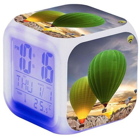 Montgolfire Wecker mit Bild, E-Light-USB-LED-Kinderwecker, Cartoon-Nachtlicht, Blinklicht, 7-Farben-Digitaluhr, Bürouhr