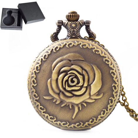 Montre de poche vintage rose, montre de poche à quartz avec chaîne, cadran romain