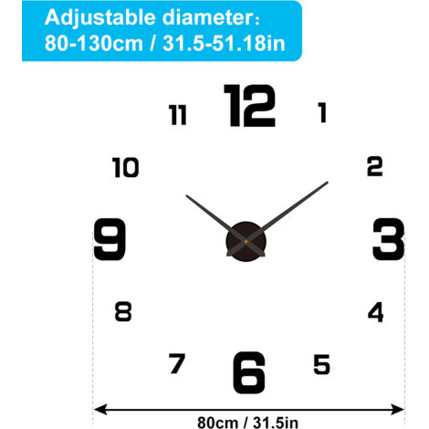 Montre Murale DIY Acrylic 3D Lumineuse Noire 80-130cm Installation Sans Perçage Cadre Absent Mouvement Silencieux pour Salon Bureau Chambre Déco Moderne