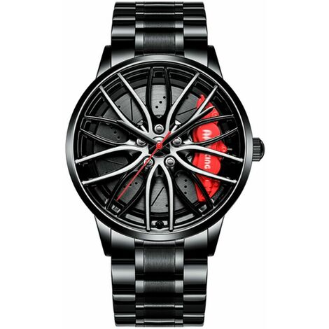 Montres de voiture pour hommes, montre-bracelet à quartz japonaise étanche en acier inoxydable, conception de moyeu de jante de voiture, montres de sport pour hommes