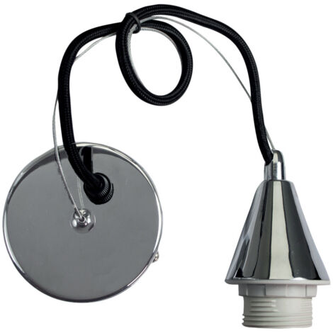 Monture suspension luminaire métal chromé, câble tissu noir, équipée douille métal chromé E27 + bague, 60W max - Tibelec