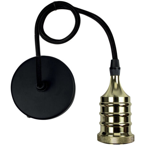 Monture suspension luminaire métal doré, câble tissu noir, équipée d'une douille métal doré E27, 60W maxi - Tibelec