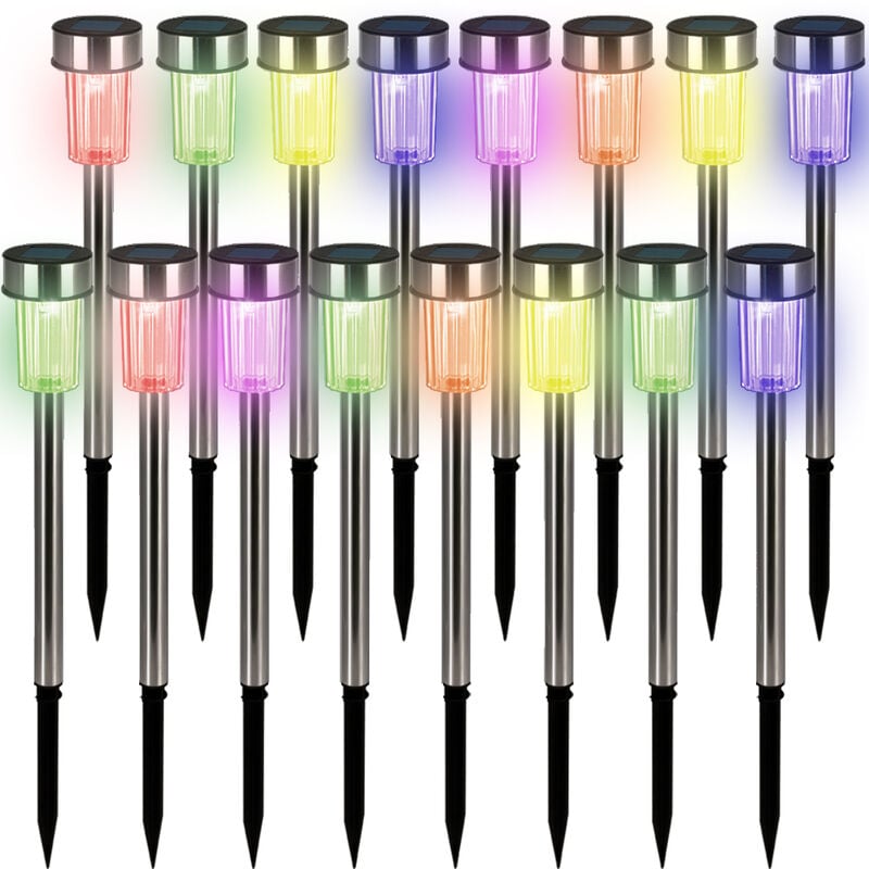 Monzana 16 Piece led Solar Stake Lights Garden Outdoor Pathway Stainless Steel Lighting Rechargeable Patio Lamps Lantern