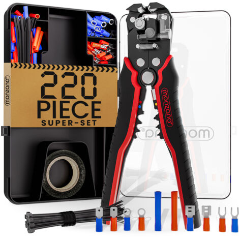 MONZANA® 220-Piece 3-in-1 Wire Stripper Set  Automatic Crimping Tool  Precision Cutting for 0.2-6mm² Wires  Durable Steel  Including Insulation Tape & Cable Ties  Organised Box  Home & Pro Use