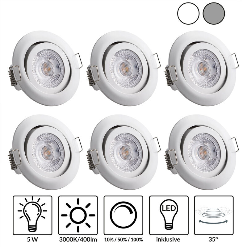 6 pieces Set LED Recessed Lights Dimmable Swivelling Spotlights White - Monzana