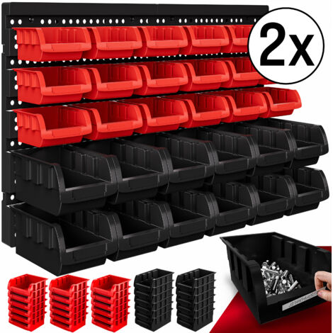 MONZANA® 64 Pcs Wall Mount Workshop Storage Bins  Expandable Small Bits Organiser with Stackable Bins  Open Access  2 Wall Panels  Expandable Plug-in Garage and Warehouse Equipment
