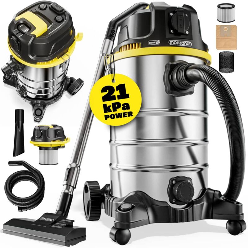

Monzana aspiradora en seco y húmedo 30L 1800W 3 filtros Acero inoxidable cepillos suelo muebles alta movilidad manguera de 3m