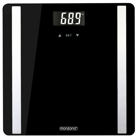 Monzana Báscula de baño digital 8en1 grasa corporal análisis corporal pantalla LCD hasta 180Kg alta precisión color Negro