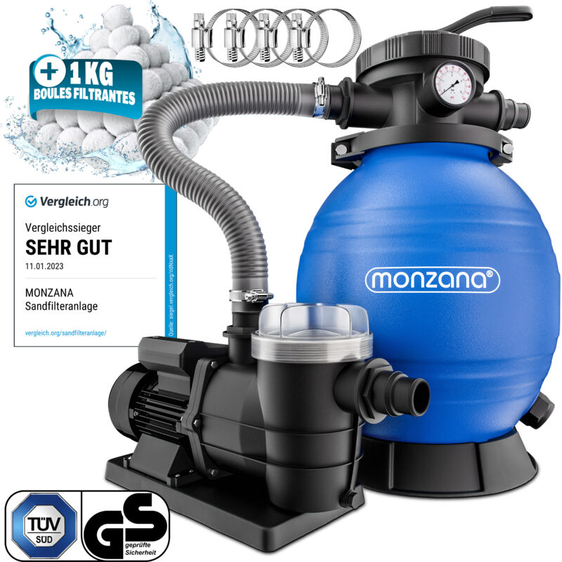 Pompe filtre à sable 9.600 l/h pré-filtre 460W 1000g boules de filtration raccord 2en1 32-38mm métal système filtre à sable vanne 7 voies