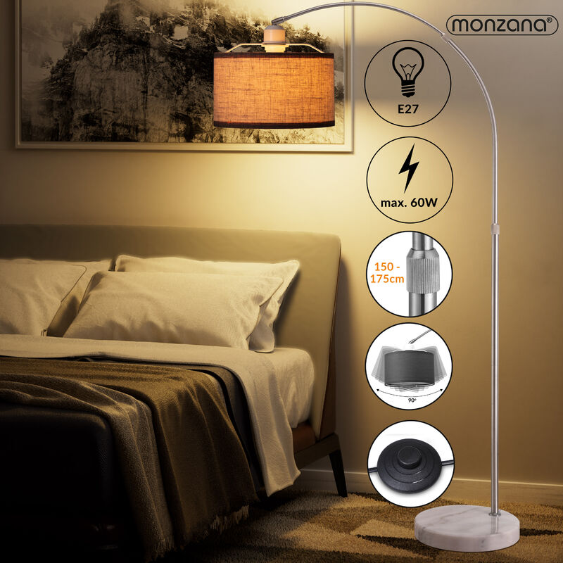 Monzana Design Arc Lamp Height 133-180 cm Fabric Shade Ø25cm Marble Foot Switch Floor Lamp Arc Lamp