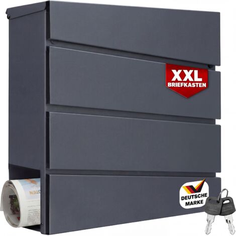 MONZANA® Design Briefkasten Stahl anthrazit verzinkt mit Zeitungsfach 2 Schlüssel Wandbriefkasten