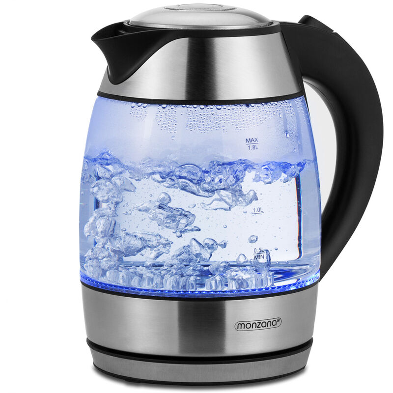 Monzana Electric Glass Kettle 1.8L Cordless Blue led Fast and Quiet Boil Stainless Steel Filter Boil-Dry Protection bpa Free 2200W for Tea and Water