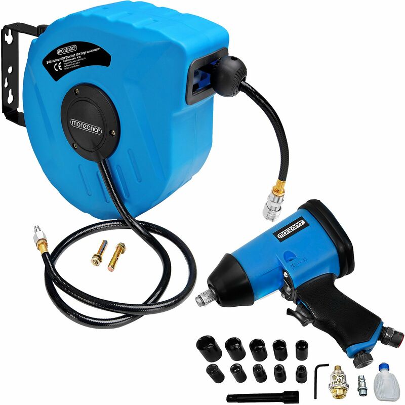 Monzana Hose Reel Pneumatic Compressed Air Tool Set DIY Garage Workshop Equipment 10m Druckluft Schlauchtrommel + Schlagschrauber Set (de)