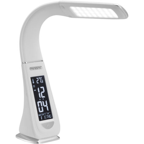 MONZANA® LED Schreibtischlampe Display Kalender Uhr Wecker Thermometer Dimmbar Nachttischlampe Tischlampe Tischleuchte Schreibtischleuchte weiß