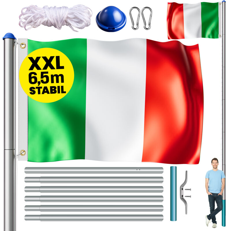 MONZANA® Mât de drapeau télescopique aluminium 6,50 m avec cordelette hissage drapeau inclus douille de sol évènement sportif hampe de drapeau Italie