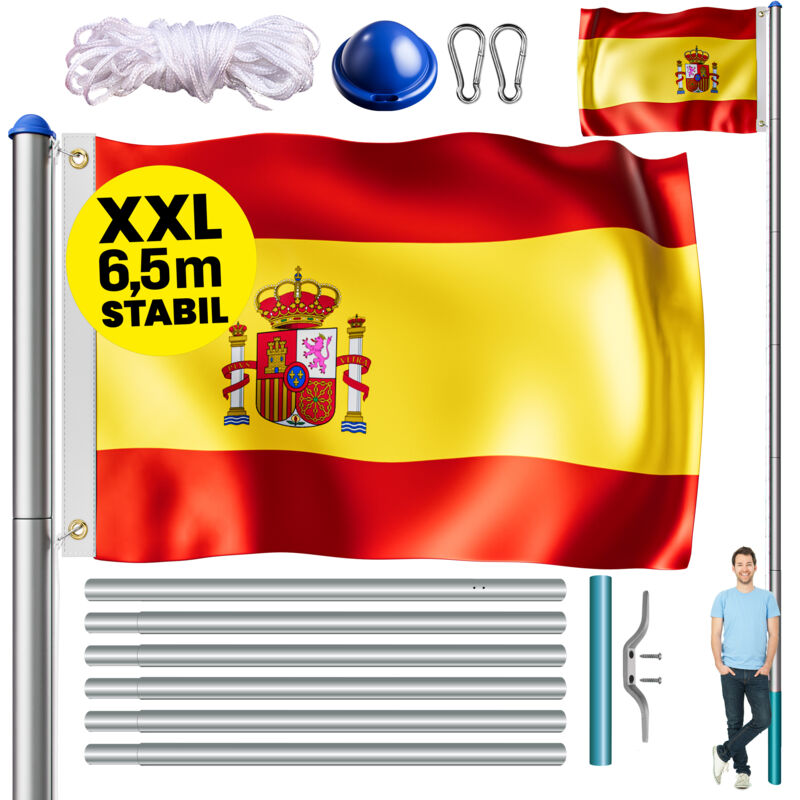 Monzana - Mât de drapeau télescopique aluminium 6,50 m avec cordelette hissage drapeau inclus douille de sol évènement sportif hampe de drapeau