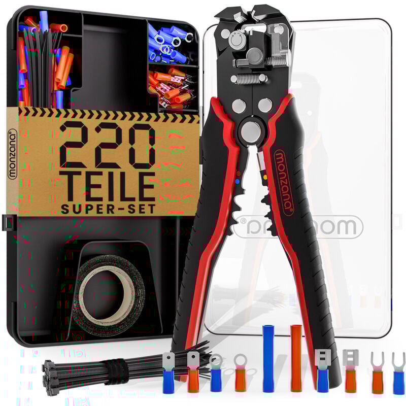 Monzana - Pince à dénuder 3en1 220 accessoires boîte 0,2-6mm² automatique ruban isolant attache-câble électrique outil pince à sertir cosses embouts