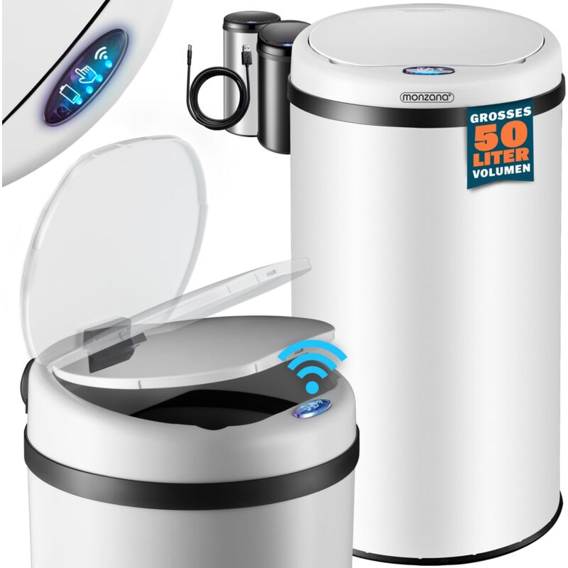 Poubelle automatique acier inoxydable capteur de mouvement affichage led imperméable couvercle câble usb poubelle de cuisine bureau Weiß xxl (de)
