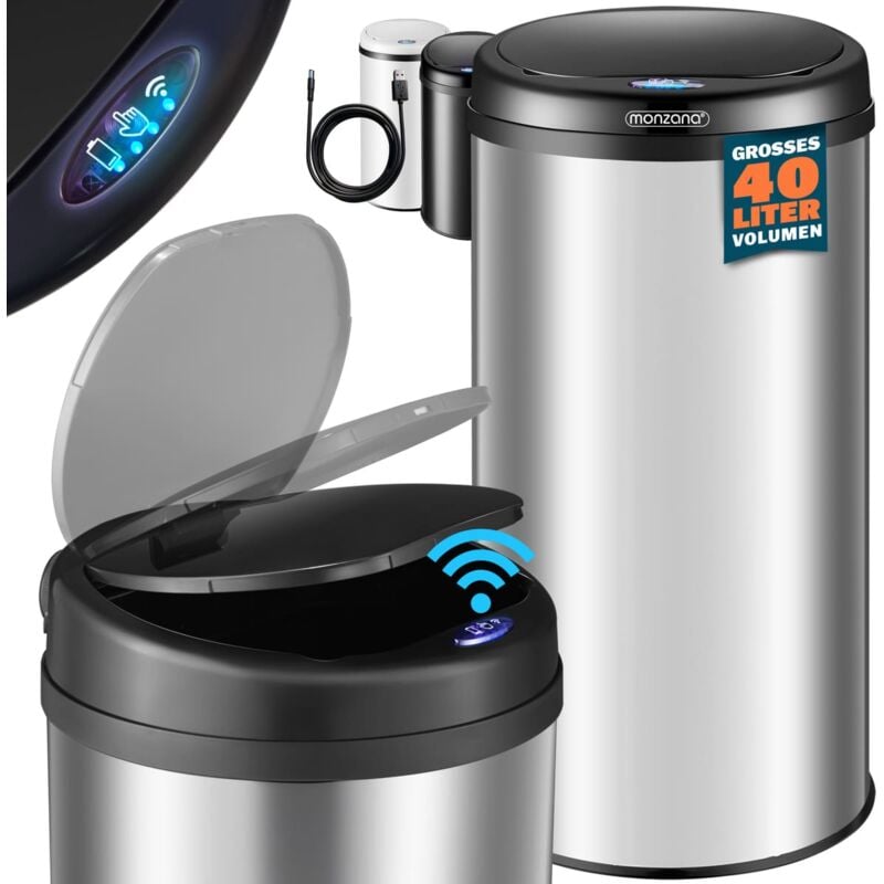 Poubelle automatique acier inoxydable capteur de mouvement affichage led imperméable couvercle câble usb poubelle de cuisine bureau Silber m (de)