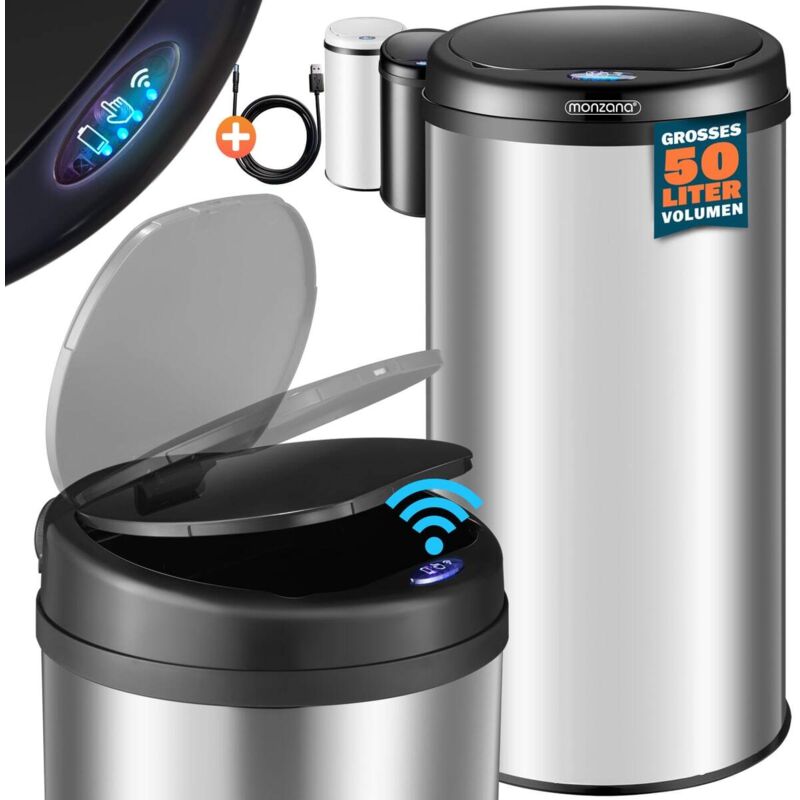 Poubelle automatique acier inoxydable capteur de mouvement affichage led imperméable couvercle câble usb poubelle de cuisine bureau Silber xxl (de)
