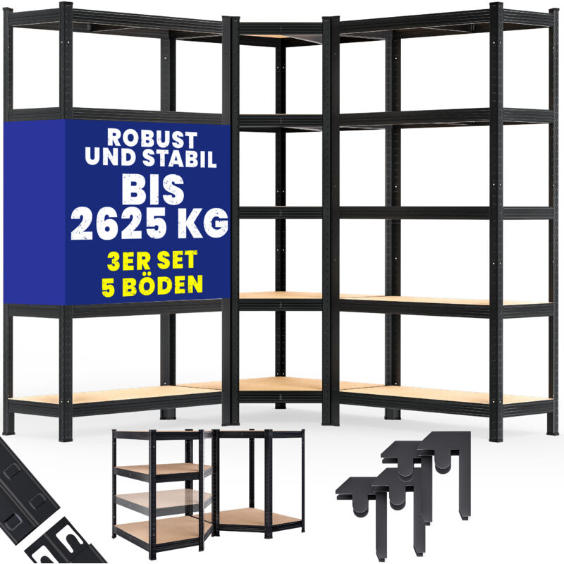 Set de 3 étagères charges lourdes 5 niveaux Étagère métallique modulable 2625kg Étagère d'angle garage atelier Noir - Monzana