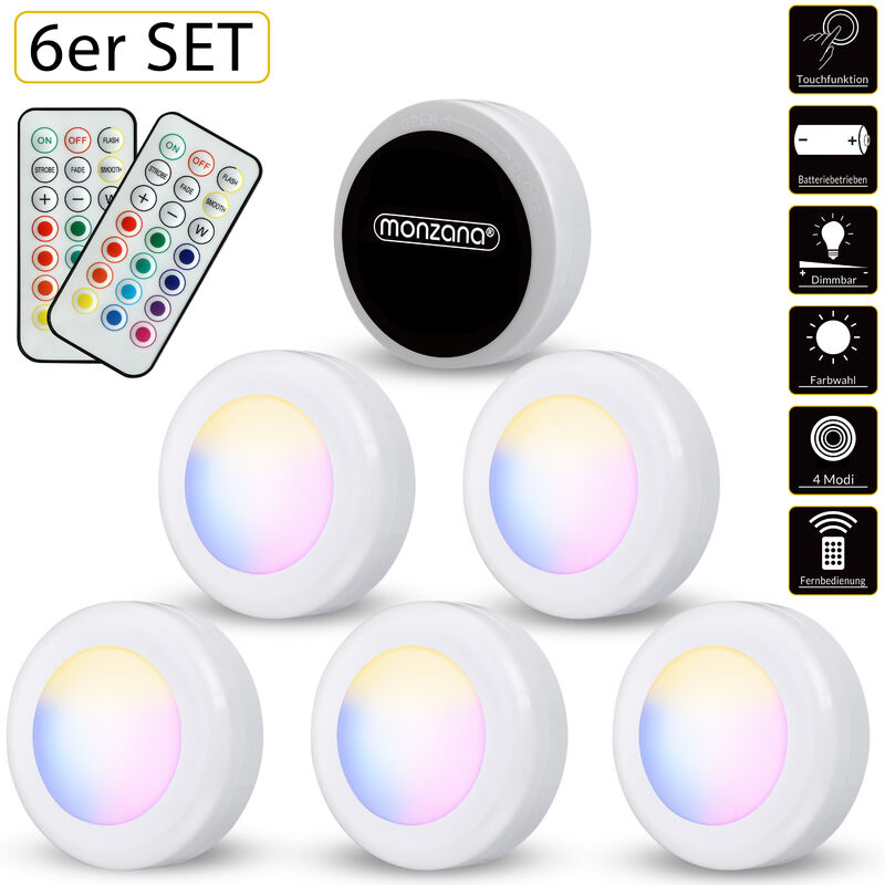 

Set de 6 spots lámparas LED iluminación bajo muebles juego de luces para interior con pilas multicolor o blanco Multicolor - Multicolor - Monzana