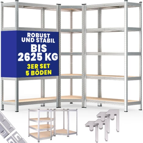 MONZANA® Set di 3 scaffali in metallo scaffalatura ad angolo 2625 kg 15 pannelli in MDF scaffale per magazzini cantine officina ad innesto