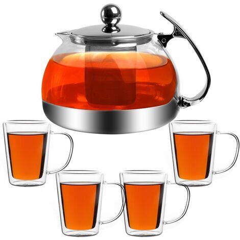 Monzana Teekanne Glas 1,2L 4er Set Teegläser herausnehmbarem Sieb aus Edelstahl