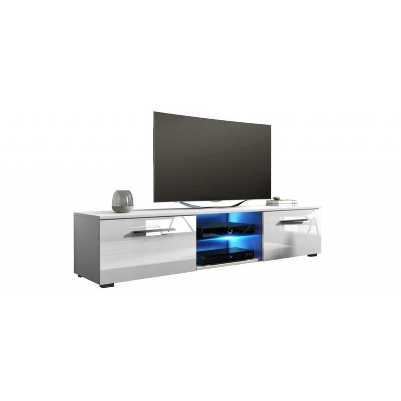 MOOD - Meuble TV style moderne avec LED salon séjour - 140x40x36 cm - Meuble de télévision avec rangements - Mat + Gloss - Blanc