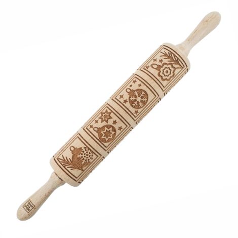 MoodForWood Rouleau à pâtisserie en bois gravé, 43 cm avec poignées, idéal pour la pâtisserie - Motif biscuits pour décorations de sapin de Noël
