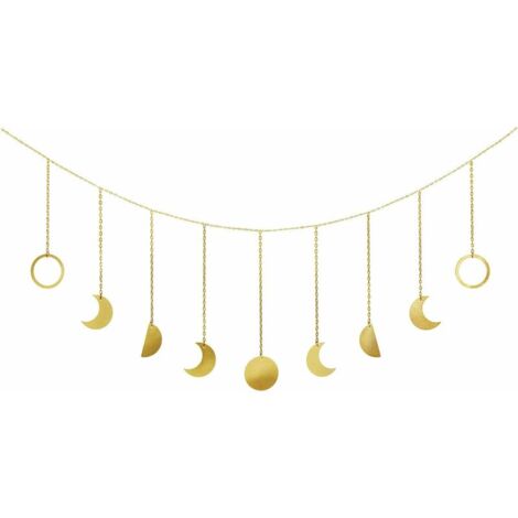 Moon Phase Garland with Chains Boho Gold Shining Phase Wall Hanging Ornaments Holiday Moon Hang Art Room Decor for Bedroom Living Room Apartment Dorm Nursery Home Office, Gold