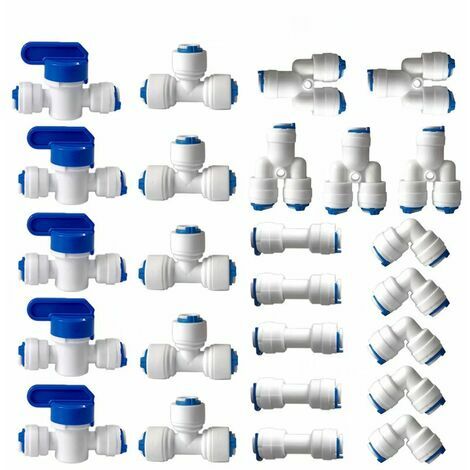 moon  Water Filter Reverse Osmosis Fitting, 1/4" (6MM) Pushfit Straight Fitting for Water Filter Hose, Refrigerator Fittings Tubing (Y+T+I+L Type Combination Valve+Shutoff Valve)25pcs