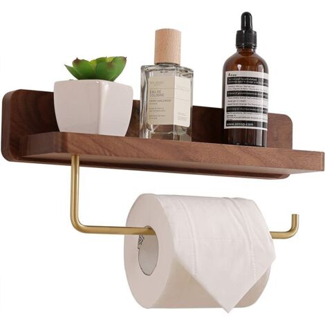 moon  Wooden Toilet Paper Holder with Shelf Self Adhesive Wall Mounted Toilet Paper Holder 30cm for Bathroom, Walnut