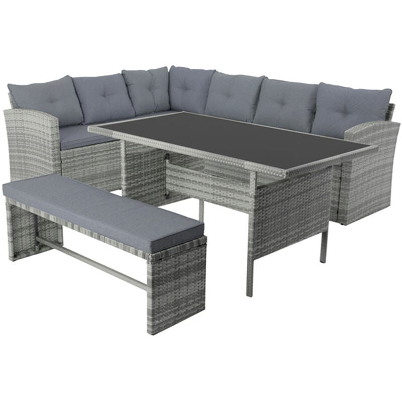 Moorea - Salon de jardin 8 places avec canapé d'angle en résine tressée grise
