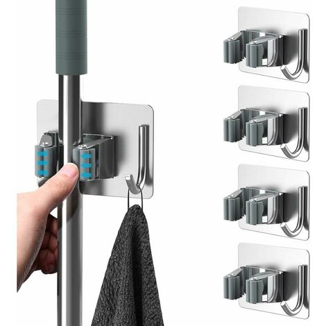 Mop Broom Holder Wall Mount, Broom Organizer Storage Rack With 1 Shelf and 1 Hook, Self-Adhesive Storage Rack,Bathroom, Kitchen, office, Closet, Garden 5 Pack (Silver)