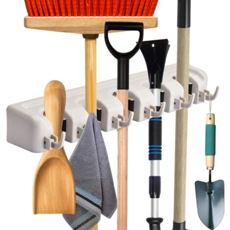 Mop Broom Holder, Wall Mounted Organizer with 5 Position 6 Hooks Tool Storage Holder for Kitchen Garden Garage Bathroom