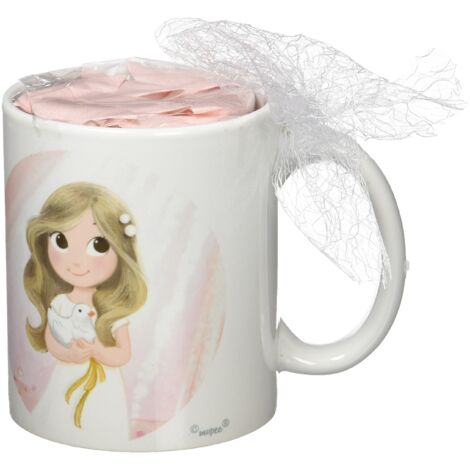 Mopec GD670,2-Tazza prima Comunione, in porcellana, motivo: ragazza impreziosita da caramelle di frutta in scatola regalo, confezione da 1 pezzo