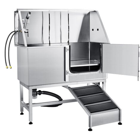 Mophorn 1.27M Vasca per toelettatura cani in acciaio inox con rampa, scatola di sapone, rubinetto e accessori, stazione per il bagno degli animali domestici per cani di taglia grande, media e piccola