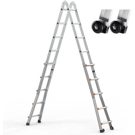 Mophorn 16,7 ft Teleskopleiter mit A-Rahmen, kompakte Ausziehleiter aus Aluminium, multifunktionale zusammenklappbare Wohnmobilleiter für Zuhause, Treppen, drinnen/draußen, 150 kg Tragkraft, silber