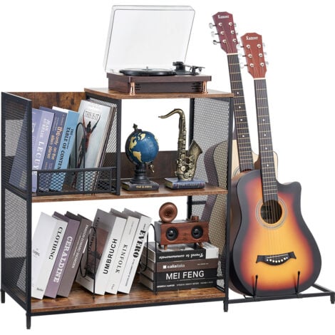 Mophorn 3-Tier Record Player Stand with Guitar Holder, Turntable Stand with Storage for 300 Albums, Vinyl Record Cabinet with Metal Mesh Frame, Perfect for Living Room and Bedroom, Black