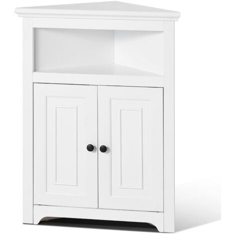 Mophorn 32" Eck-Aufbewahrungsschrank, kleiner 3-stöckiger Schrank mit 2 Holztüren und verstellbaren Regalen, freistehend für Wohnzimmer, Küche, Waschküche, Badezimmer, weiß