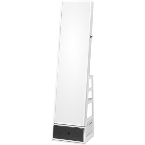 Mophorn 360° Drehbarer Stehender Spiegel-Schmuckschrank, Samt ausgekleidet, LED, Schublade, Verschließbar, Weiß, Lagerorganizer