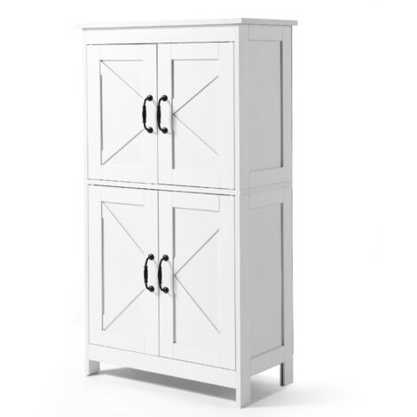 Mophorn 4-Tier Wooden Bathroom Floor Cabinet, Freestanding Storage Organizer with Adjustable Shelf and 4 Doors, Modern White Cupboard for Kitchen, Living Room, or Entryway Decor