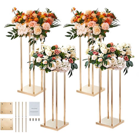 Mophorn 4PCS Gold Metal Column Wedding Flower Stand, 80cm High with Metal Laminate, Geometric Centerpiece Vases, Cylindrical Floral Display Rack for Events, Reception, Party Road Leads