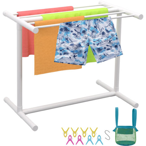 Mophorn 5-Bar Pool Towel Rack, Outdoor PVC T-Shape, White, Freestanding Storage Organizer, Towel Clips, Mesh Bag, Hook, Floats & Paddles, Beach, Pool, Home