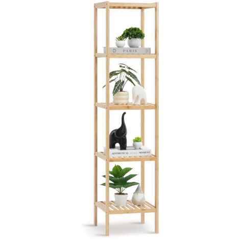 Mophorn 5-Tier Bathroom Standing Shelf, Narrow Shelving Unit, Storage Rack Organizer, Freestanding Plant Stand, Multi-functional Bamboo Shelf for Bathroom, Kitchen, Home, Natural Finish